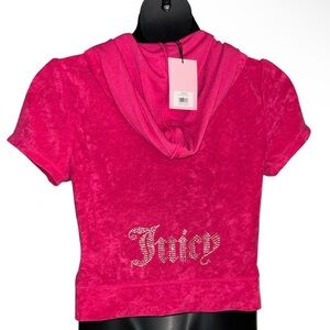 JUICY COUTURE RHINESTONE TERRYCLOTH VIXEN PINK SHORT-SLEEVE ZIP UP HOODIE NWT
